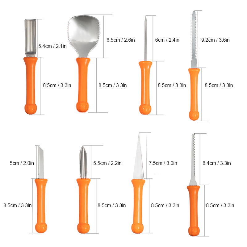 "Halloween pumpa carving kit, rostfritt stål verktyg med handtag, innehåller pumpasked, sågar och etsningsverktyg."