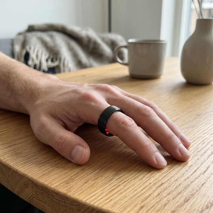 Manlig hand med svart smart hälsoring på fingret vid ett träbord