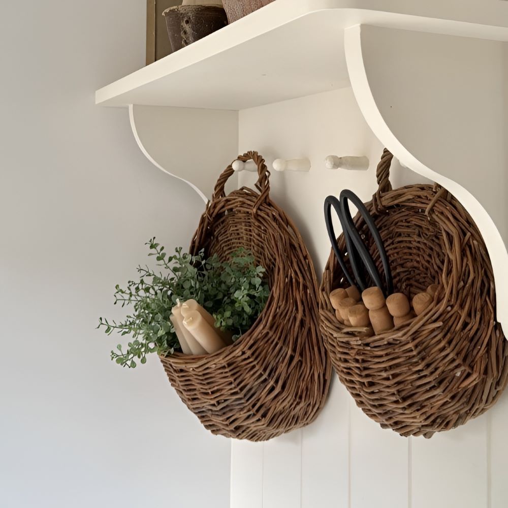 Boho-inspirerad väggkorg i rotting, perfekt för blommor och naturlig inredning.
