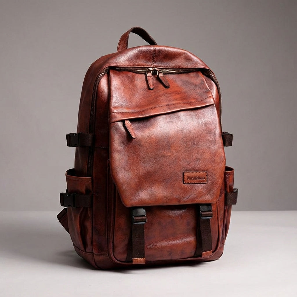 Brun handgjord ryggsäck i nötläder med rymligt laptopfack. Idealisk som elegant arbets- eller reseryggsäck.