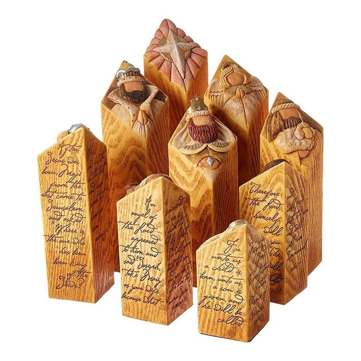 Handgjorda julkrubbestatyer i harts, traditionella figurer som Maria och Josef i detaljrik stil.