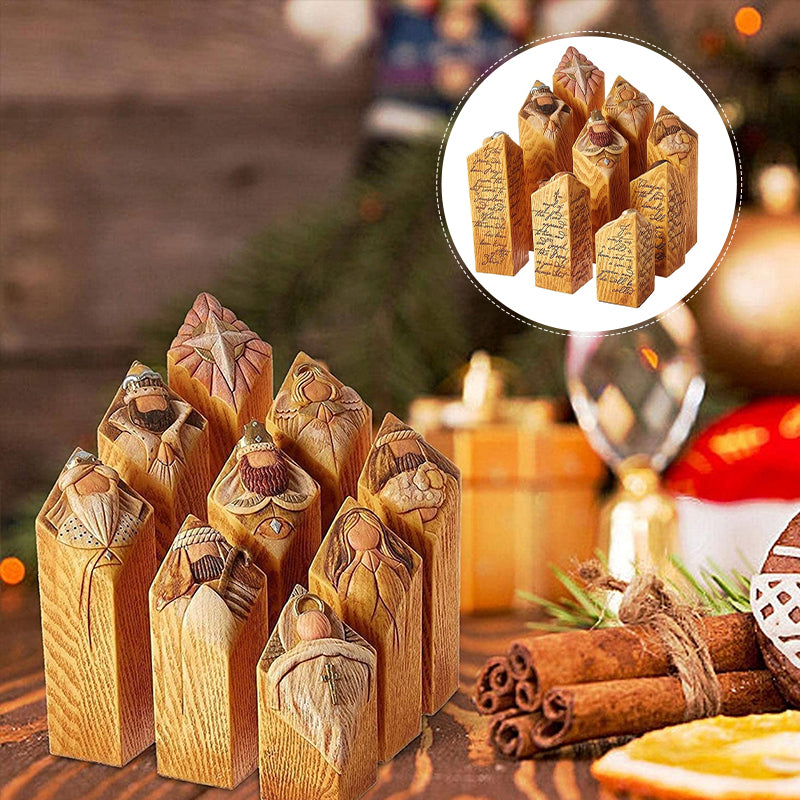 Handgjorda julkrubbestatyer i harts, traditionella figurer som Maria och Josef i detaljrik stil.
