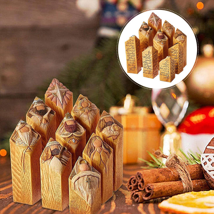 Handgjorda julkrubbestatyer i harts, traditionella figurer som Maria och Josef i detaljrik stil.