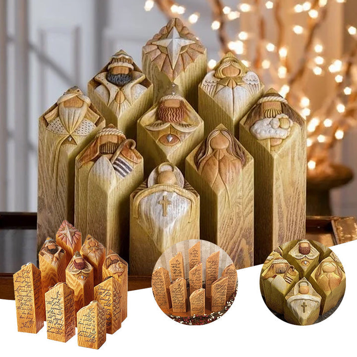 Handgjorda julkrubbestatyer i harts, traditionella figurer som Maria och Josef i detaljrik stil.