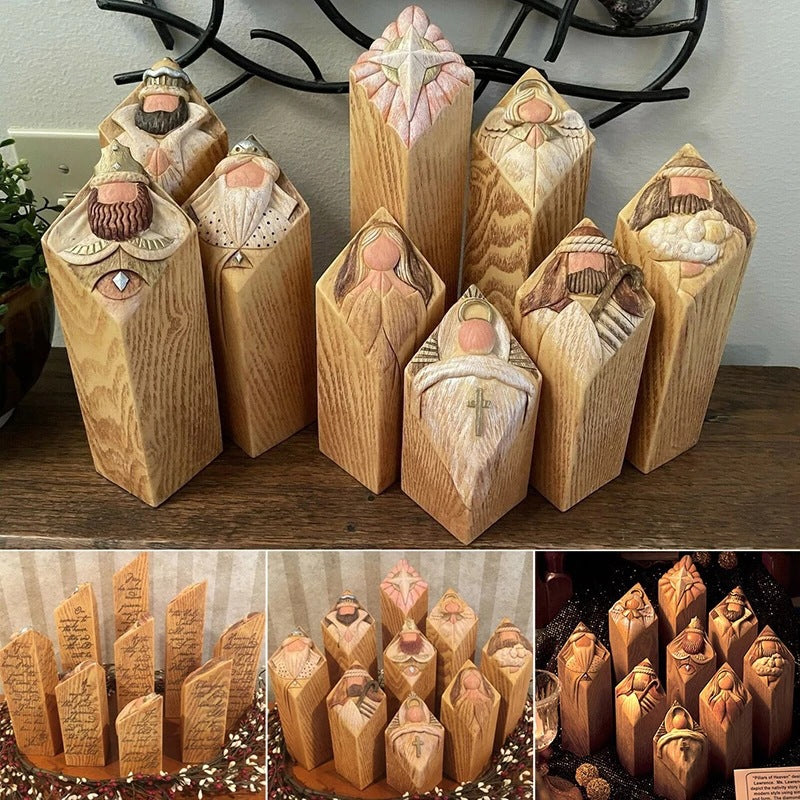 Handgjorda julkrubbestatyer i harts, traditionella figurer som Maria och Josef i detaljrik stil.