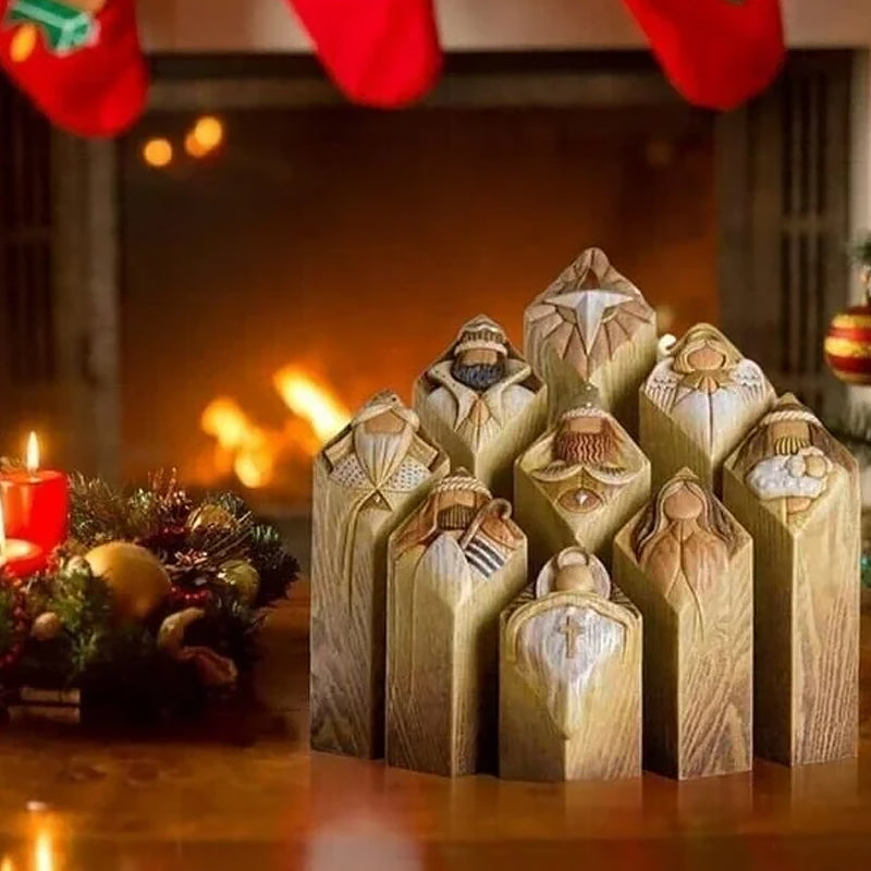 Handgjorda julkrubbestatyer i harts, traditionella figurer som Maria och Josef i detaljrik stil.