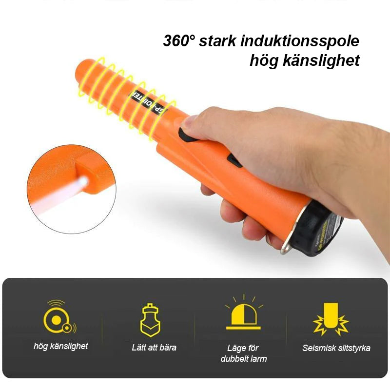 "Handhållen vattentät metalldetektorstav med LED-lampa, IP65, för enkel metallupptäckt, perfekt för utomhusäventyr."