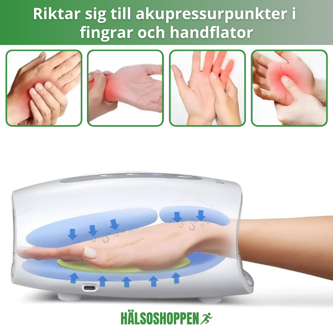 Avslappnande handmassageapparat med tryckluft och värme, idealisk för trötta och värkande händer.