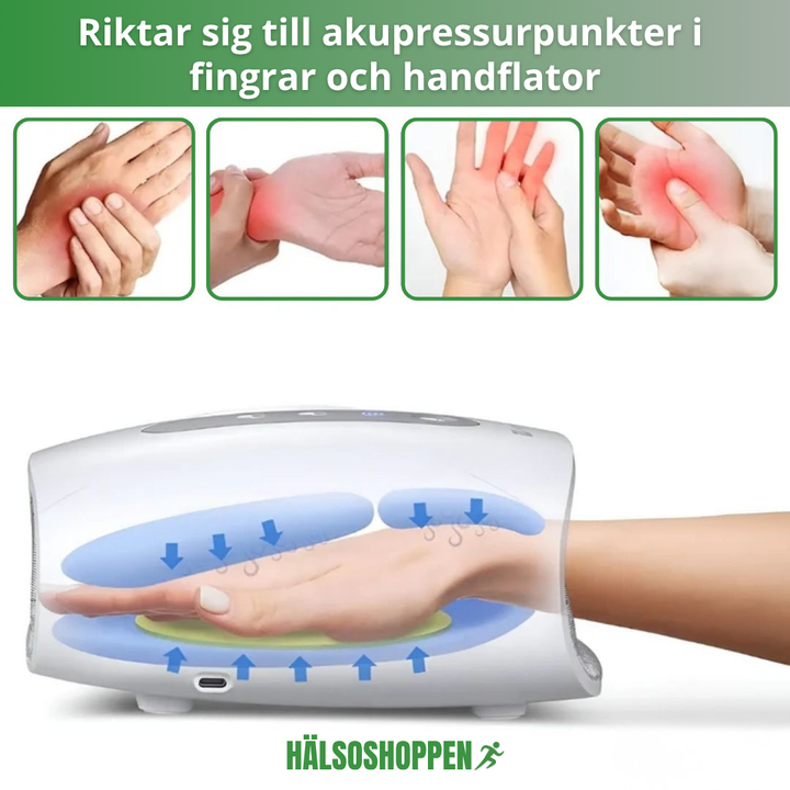 Avslappnande handmassageapparat med tryckluft och värme, idealisk för trötta och värkande händer.