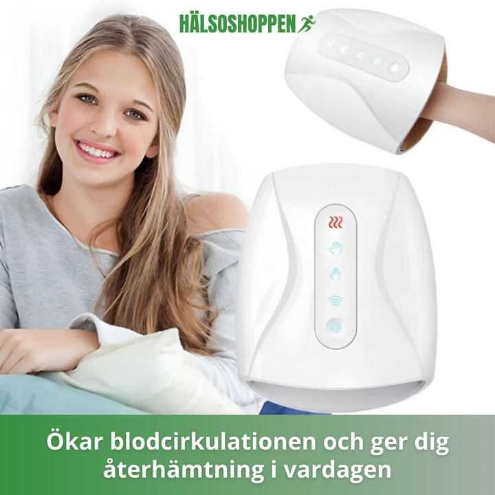 Mannen använder trådlös handmassageapparat för att lindra artros och karpaltunnelsyndrom.