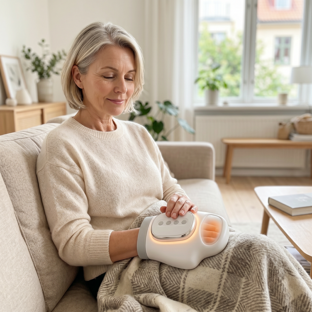 Kvinna som använder Zvarelo handmassager i soffan