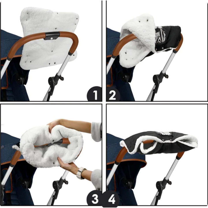 Instruktionsbild som visar de fyra stegen för montering av handvärmare på vagn