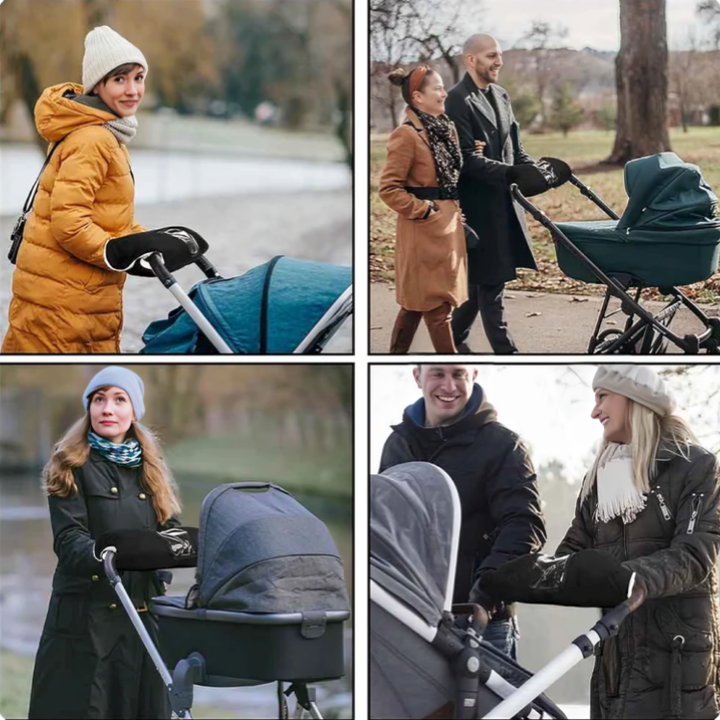 Föräldrar som promenerar med barnvagn och använder varma handmuffar i vintermiljö