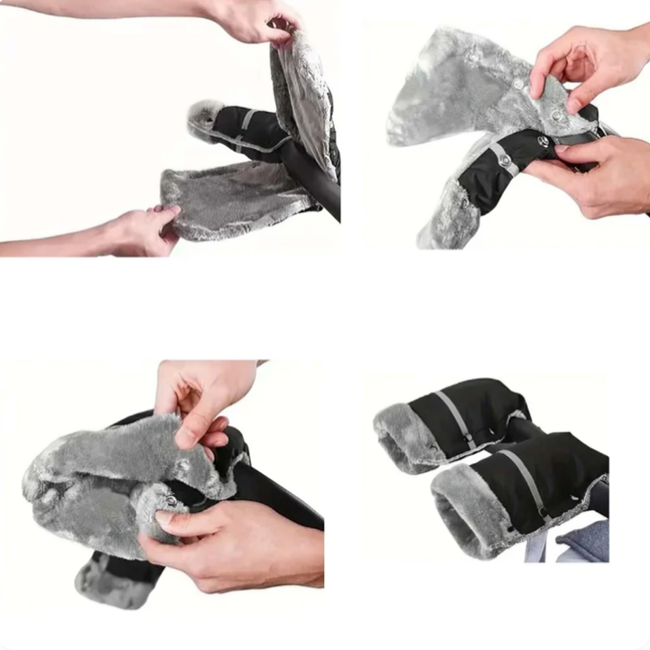 Instruktionsbild som visar montering av barnvagnshandskar med tryckknappar