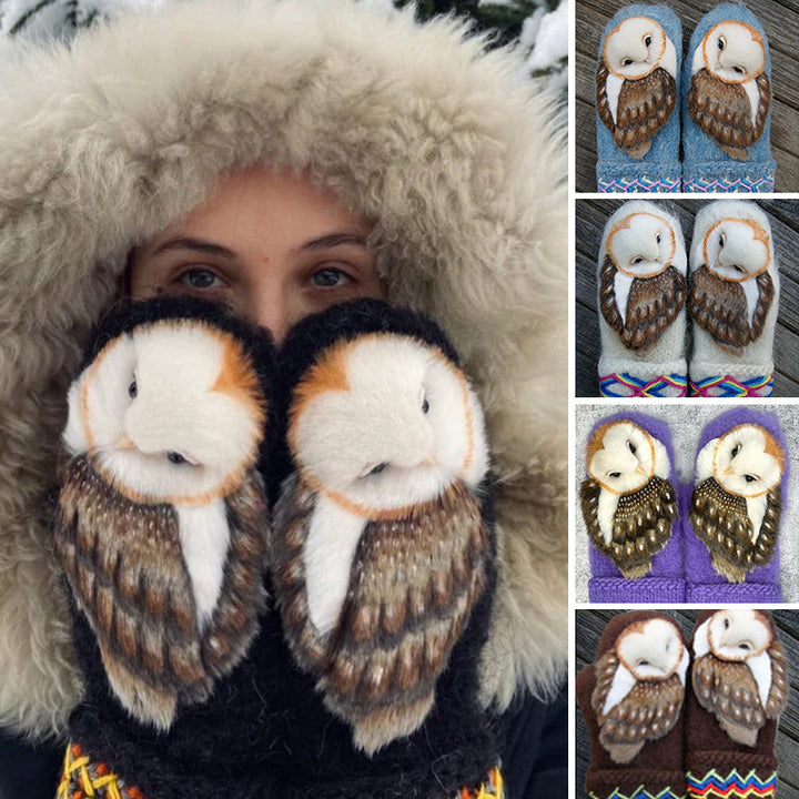 "Handstickade damvantar i ull med detaljrikt ugglemotiv för stil och värme. Perfekta vinteraccessoarer."