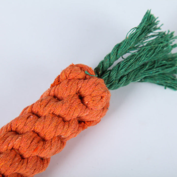 Orange morotsformad valptuggleksak för tandvård. Lindrar kliande tänder säkert och främjar munhälsa.