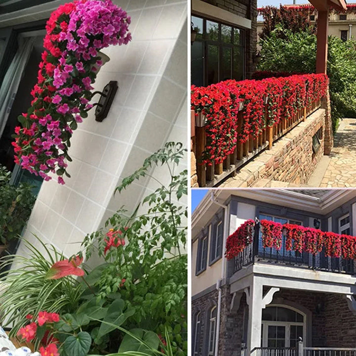 "Hängande konstgjord blomkorg med lila silkesblommor, livfulla färger för inredning, realistisk och naturlig design."