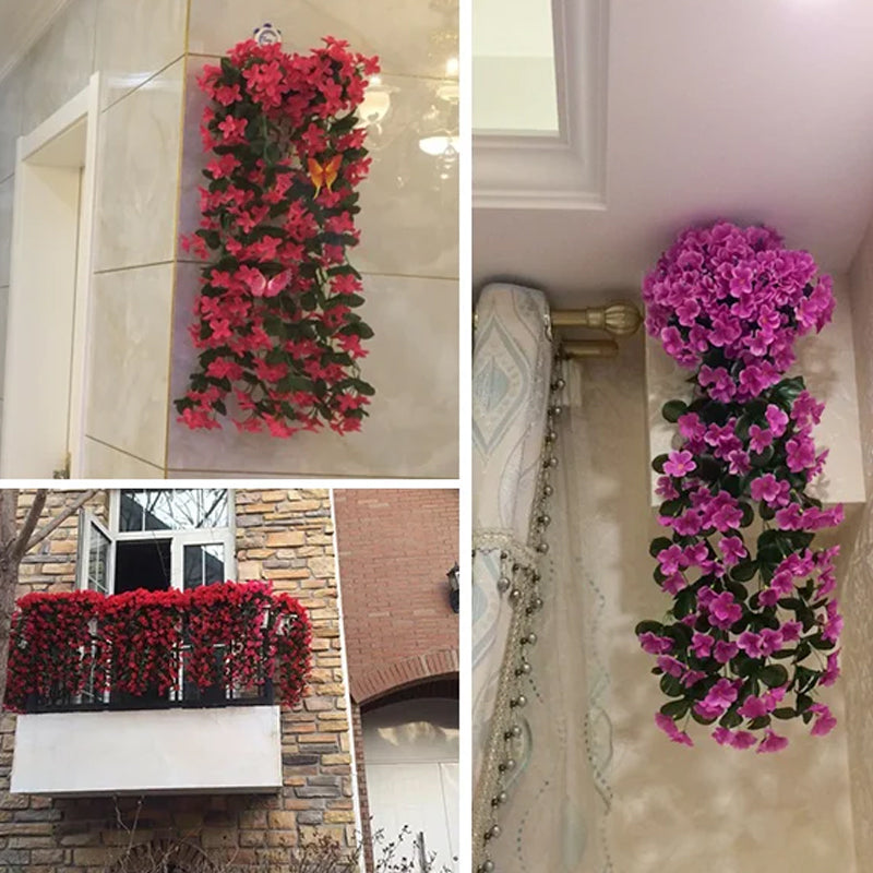 "Hängande konstgjord blomkorg med lila silkesblommor, livfulla färger för inredning, realistisk och naturlig design."
