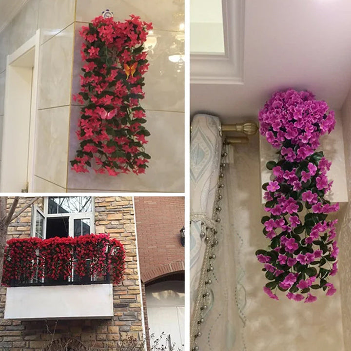 "Hängande konstgjord blomkorg med lila silkesblommor, livfulla färger för inredning, realistisk och naturlig design."