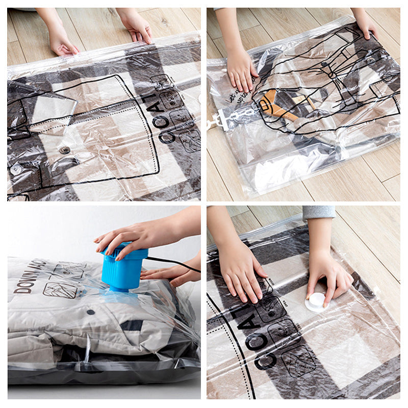 "Hängande vakuumpåsar för klädförvaring, transparent design med 5 öglor, skyddar kläder från damm och fukt, 120x60 cm."