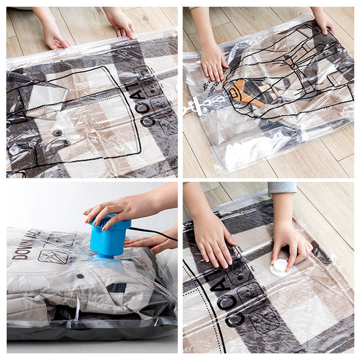 "Hängande vakuumpåsar för klädförvaring, transparent design med 5 öglor, skyddar kläder från damm och fukt, 120x60 cm."