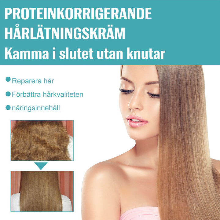 "Hårutslätningskräm ger mjukt, glänsande hår, reducerar frissighet och vårdar med naturliga ingredienser för silkeslent resul