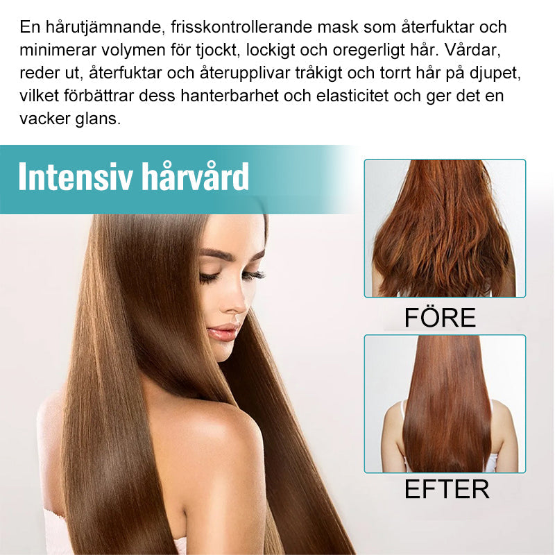 "Hårutslätningskräm ger mjukt, glänsande hår, reducerar frissighet och vårdar med naturliga ingredienser för silkeslent resul