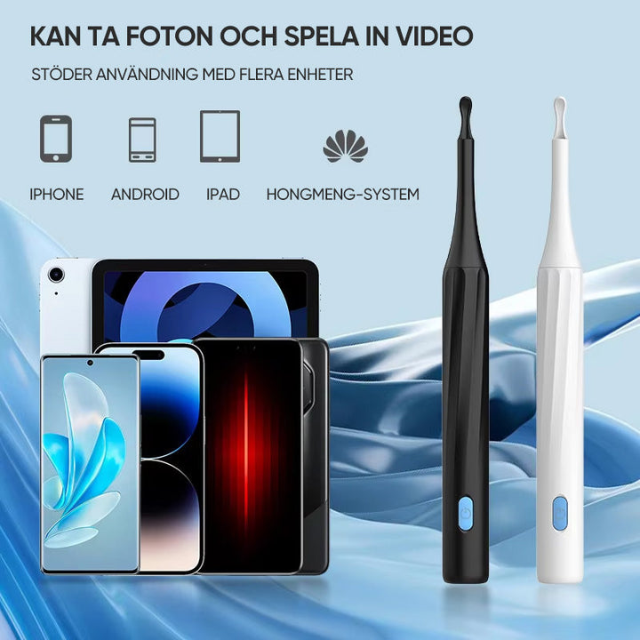 "HD-Kamera öronrengöringskit med LED-lampor för säker rengöring, ergonomisk design, högupplösta bilder i hörselgången."