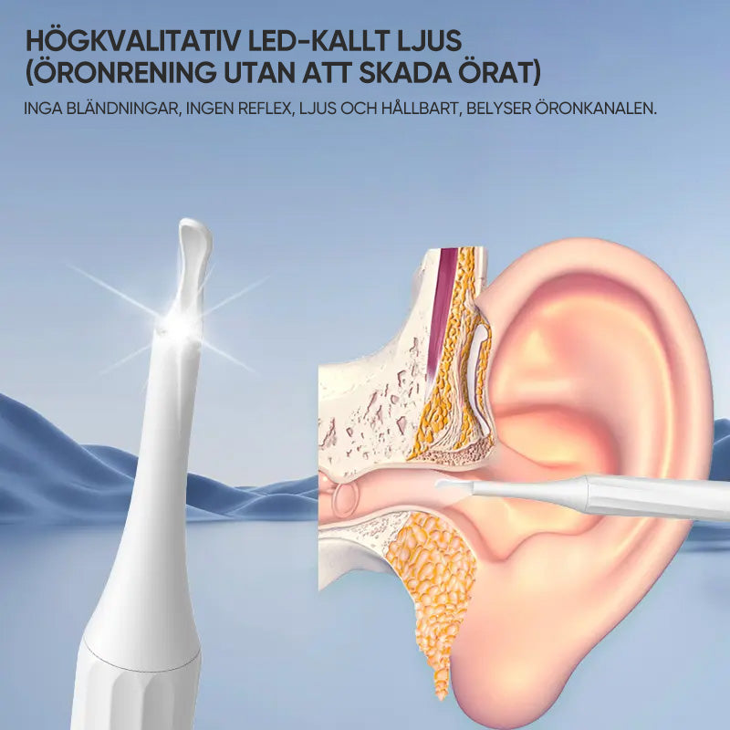 "HD-Kamera öronrengöringskit med LED-lampor för säker rengöring, ergonomisk design, högupplösta bilder i hörselgången."