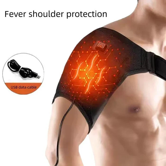 Närbild på uppvärmt axelskydd med röd värmezon och USB-kabel