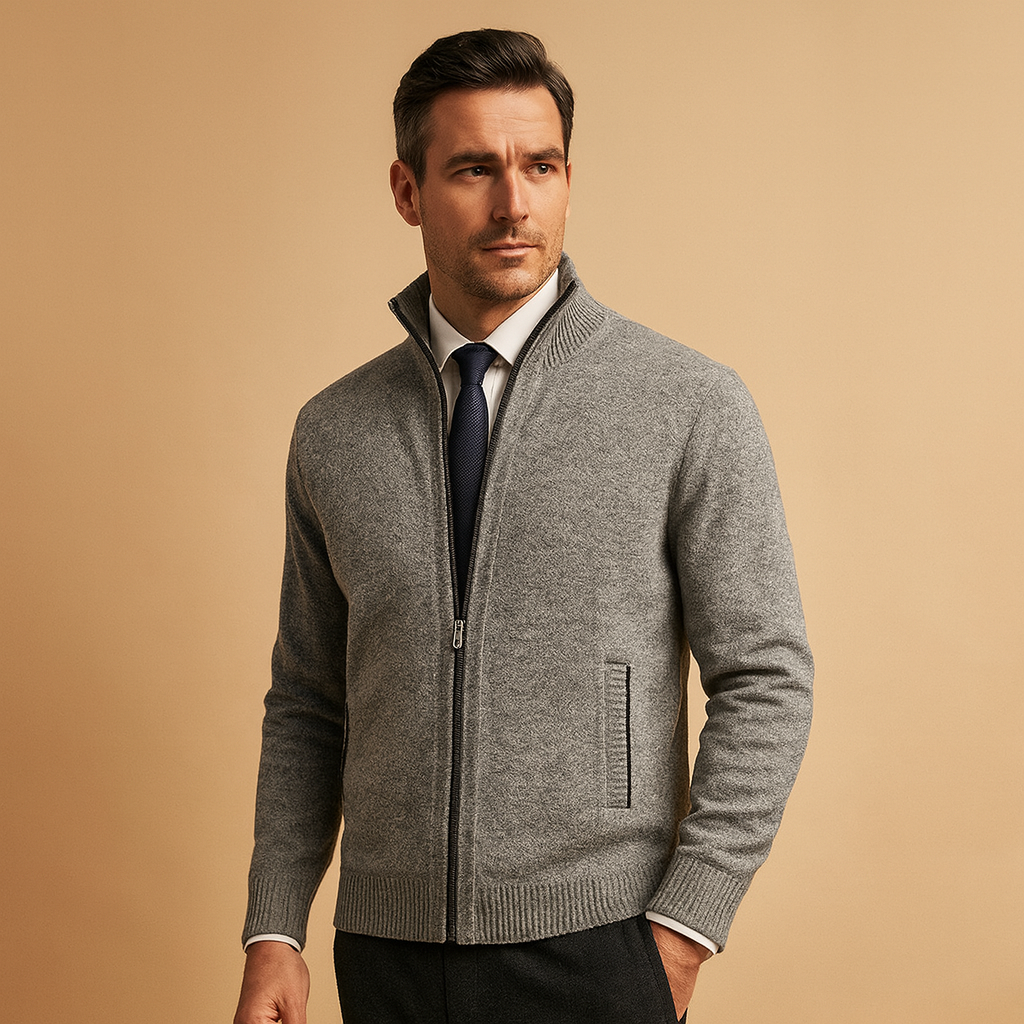 Mörkgrå klassisk zip-up cardigan för herrar i finstickad kvalitet