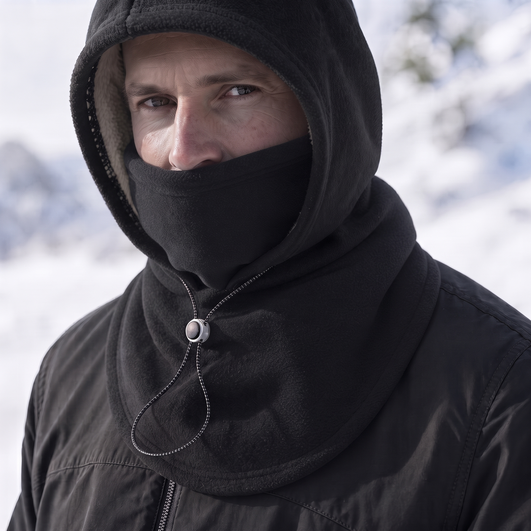 Man i svart fleecebalaklava utomhus i snölandskap