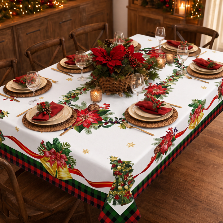 Festligt dukat julbord med vönstrad högtidsduk