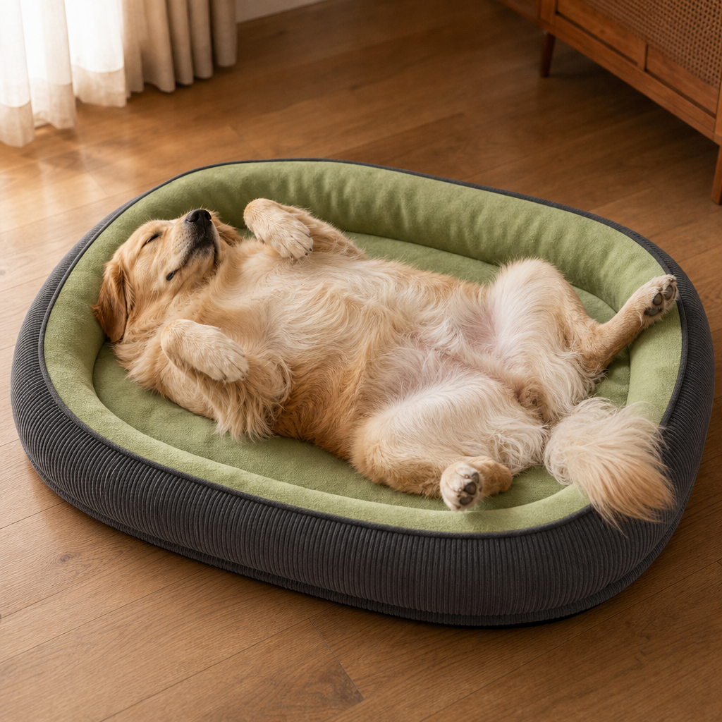 Golden retriever som sover djupt på rygg i en grön Denhaven hundbädd med upphöjda kanter
