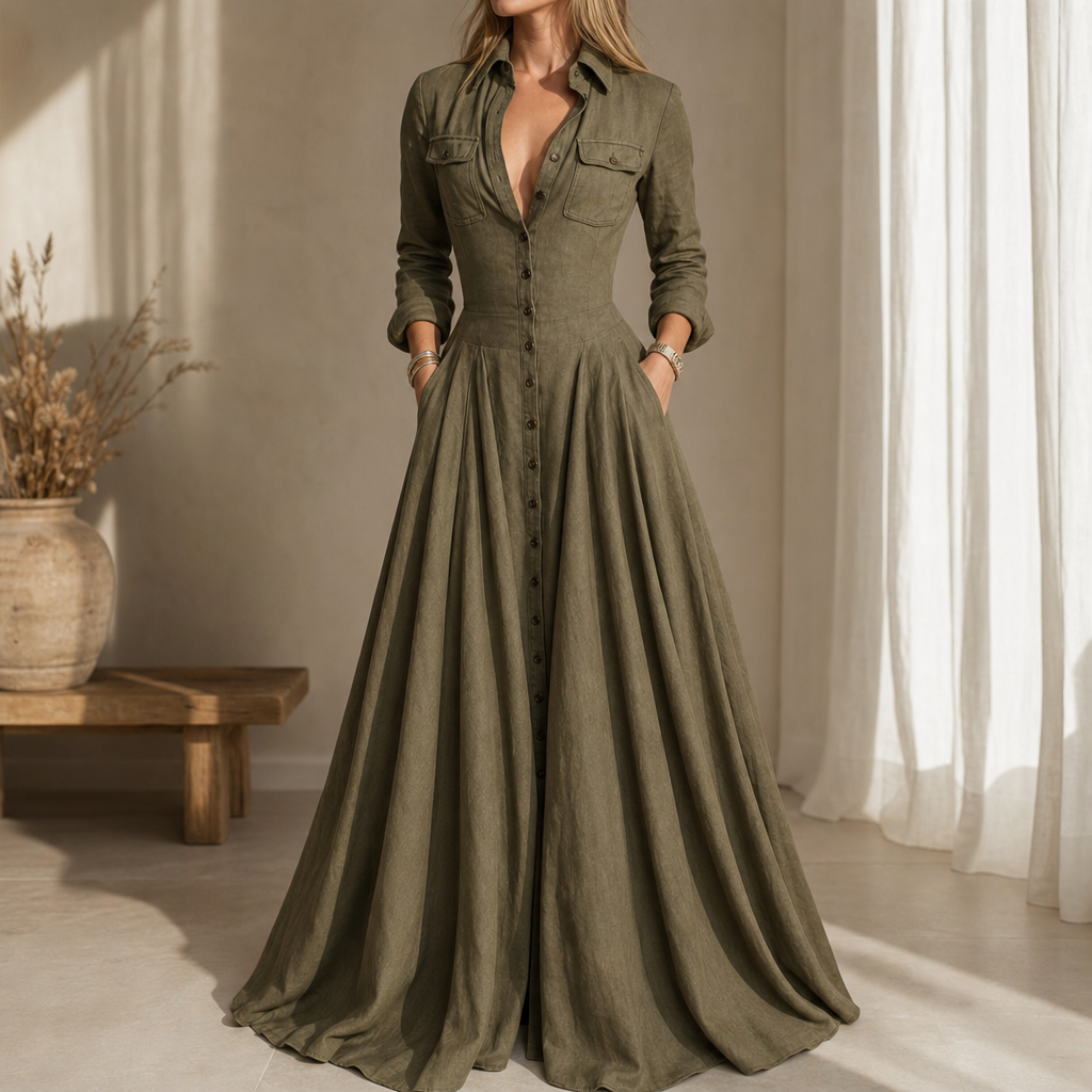 Kvinna i militärgrön maxiklänning med knappar och krage stående inomhus