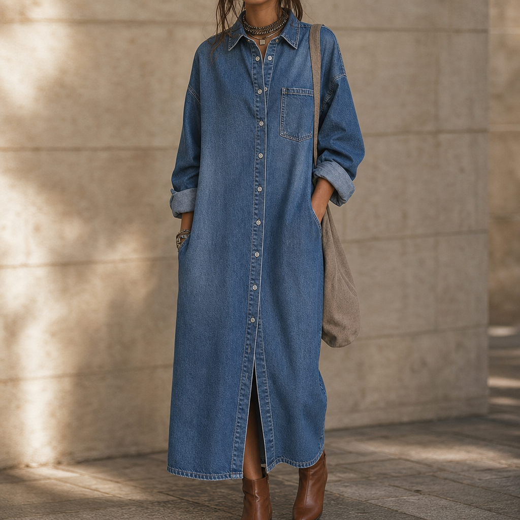 Lång damklänning i jeanslook med skjortdesign och knäppning fram