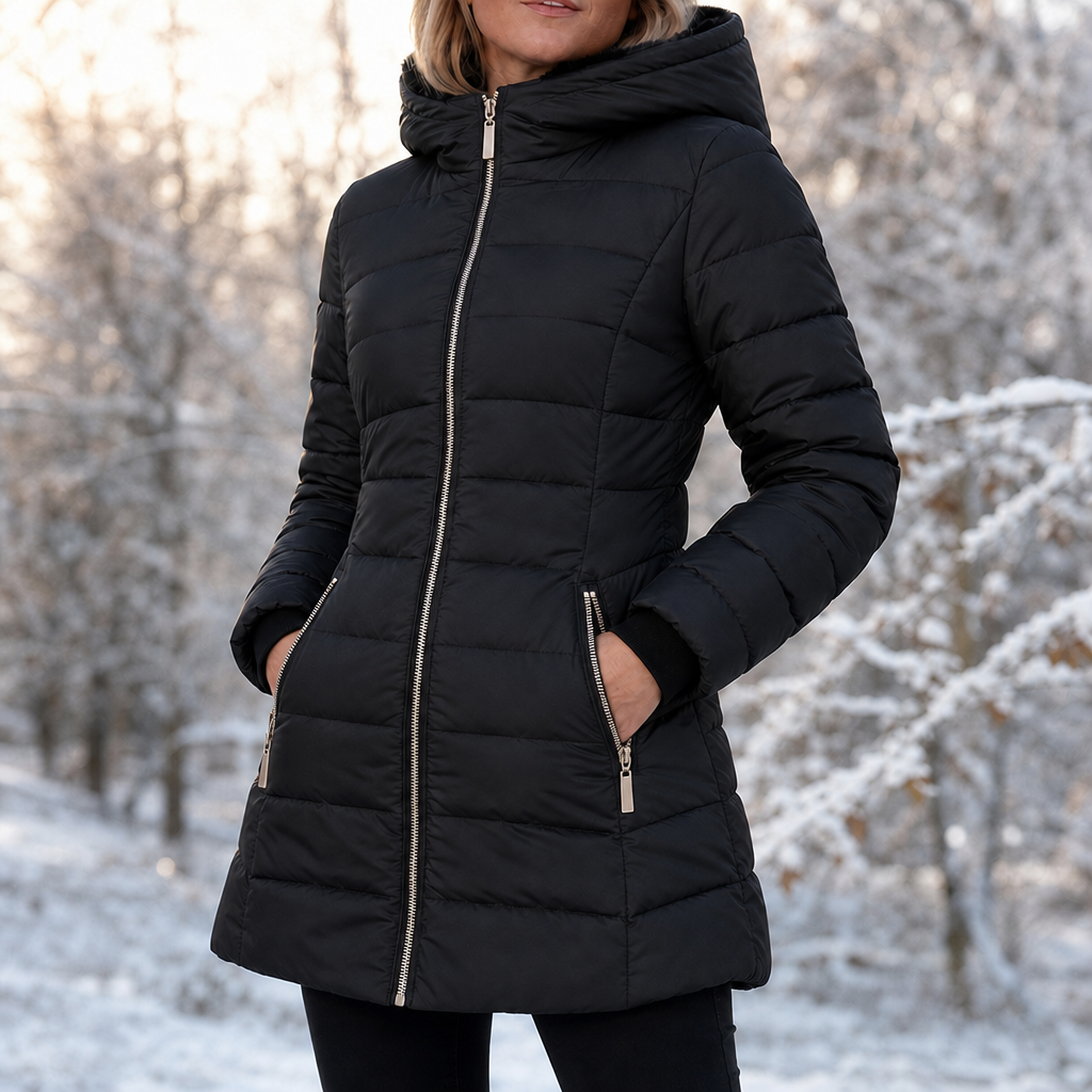 Kvinna i svart Veluna vinterjacka med huva utomhus i snö