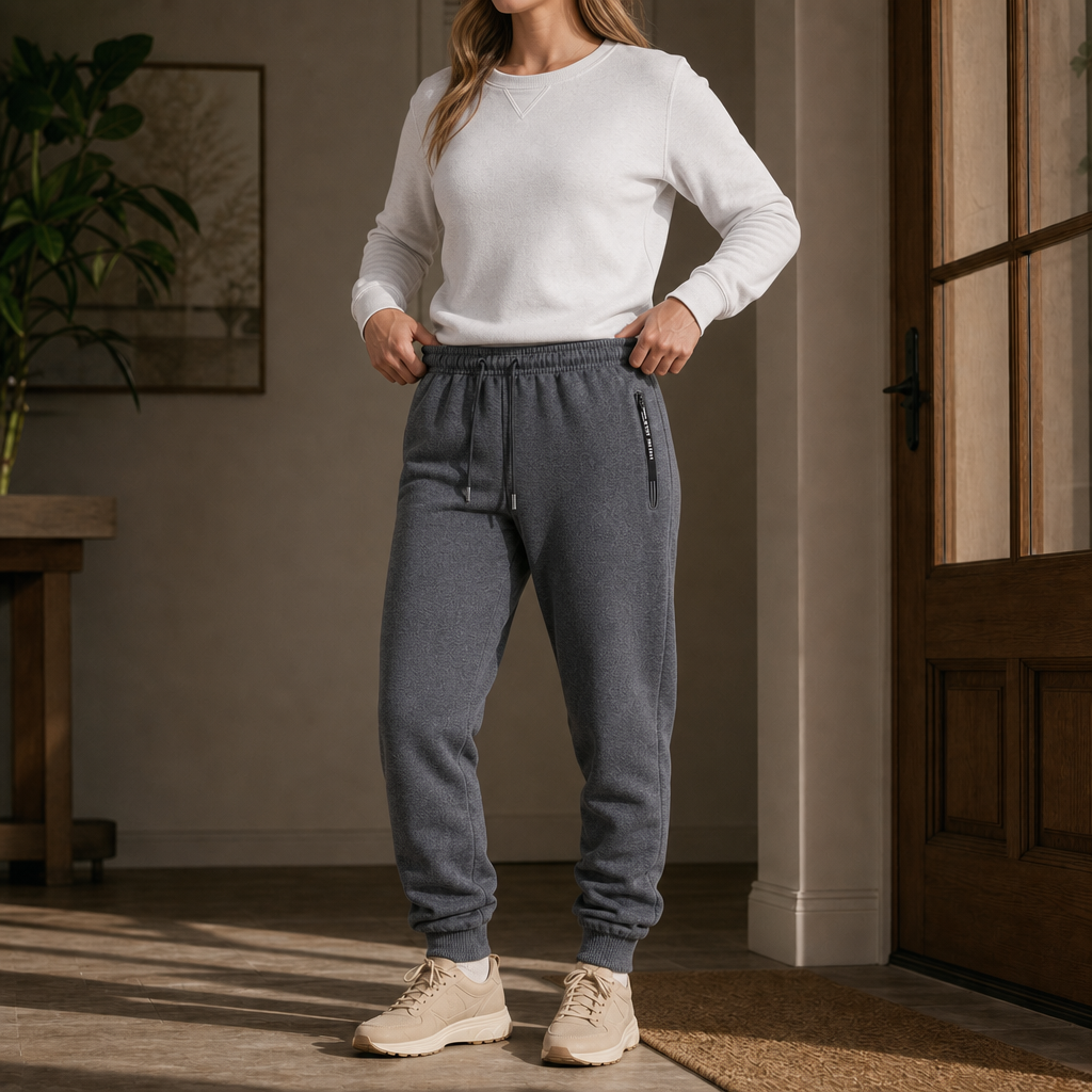 Kvinna stående inomhus i mörkgrå byxor med elastisk midja och sidofickor