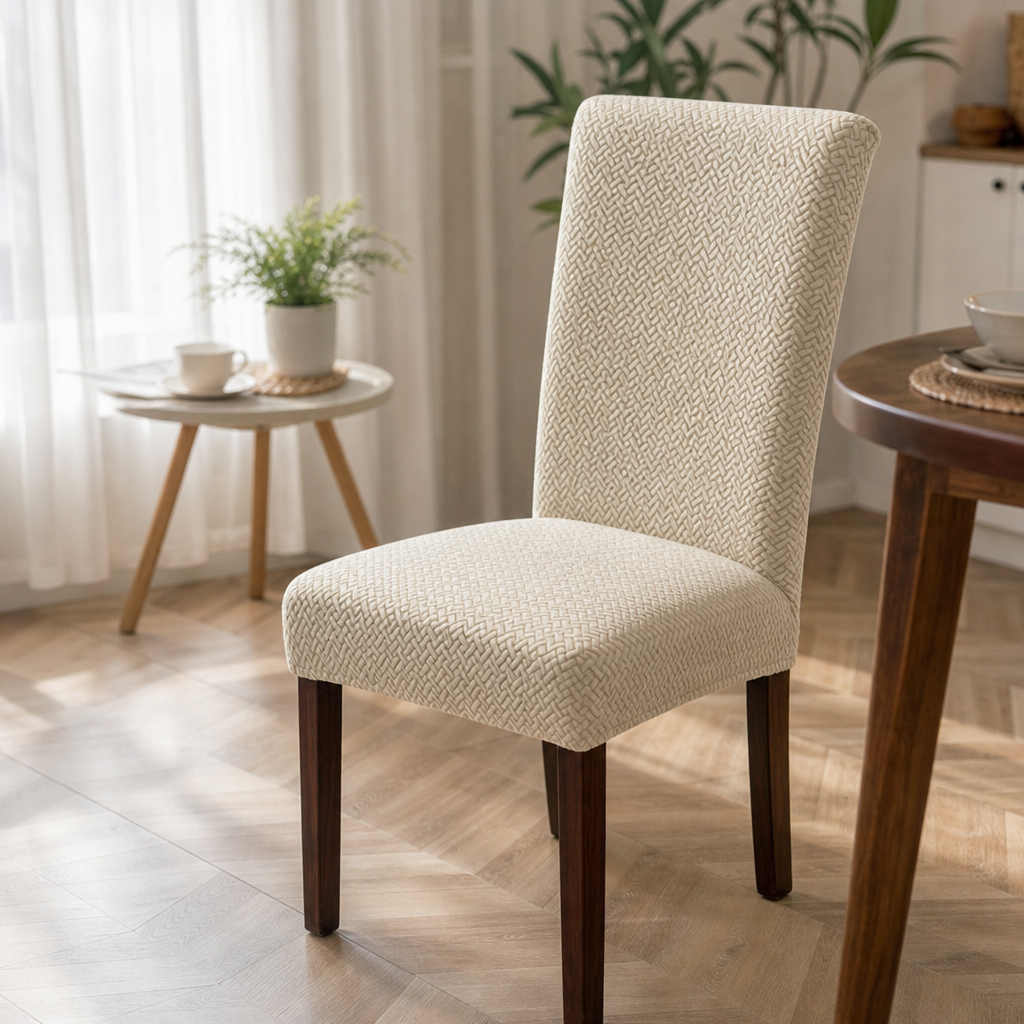 Beige stretchigt stolsöverdrag i rutmönster på matsalsstol