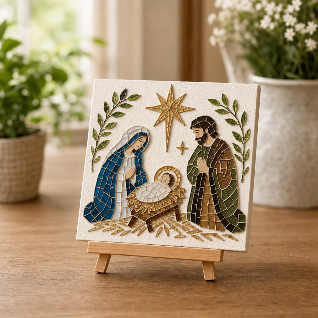 Färdigt mozaikset med julmotiv på träställ