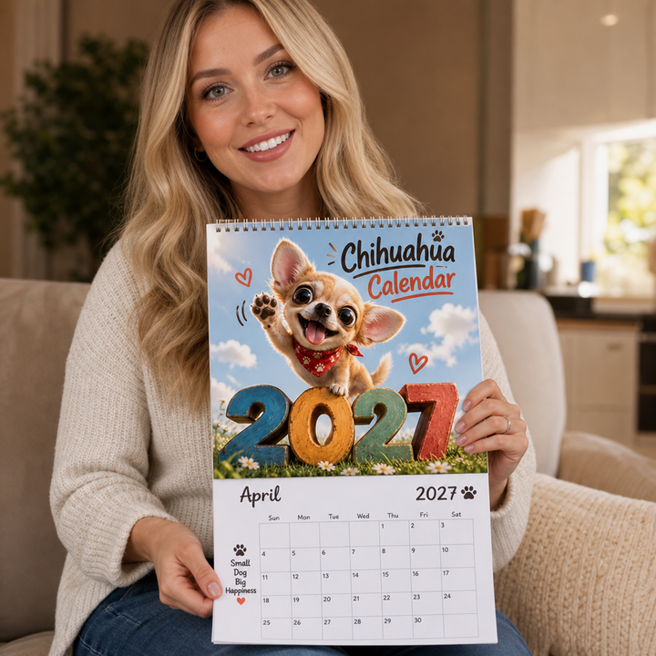 Kvinna håller upp Chihuaholiday 2027 väggkalender med april månad