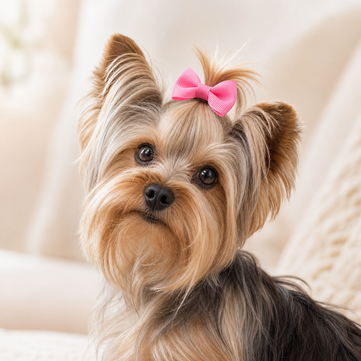 Liten yorkie med rosa hårrosett på huvudet