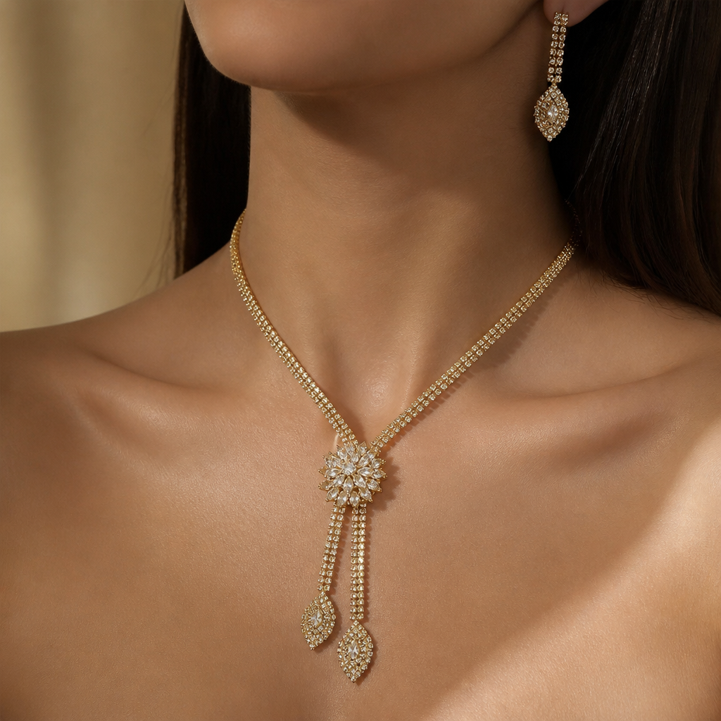 Elegant smyckesset för dam med halsband och matchande örhängen i guld
