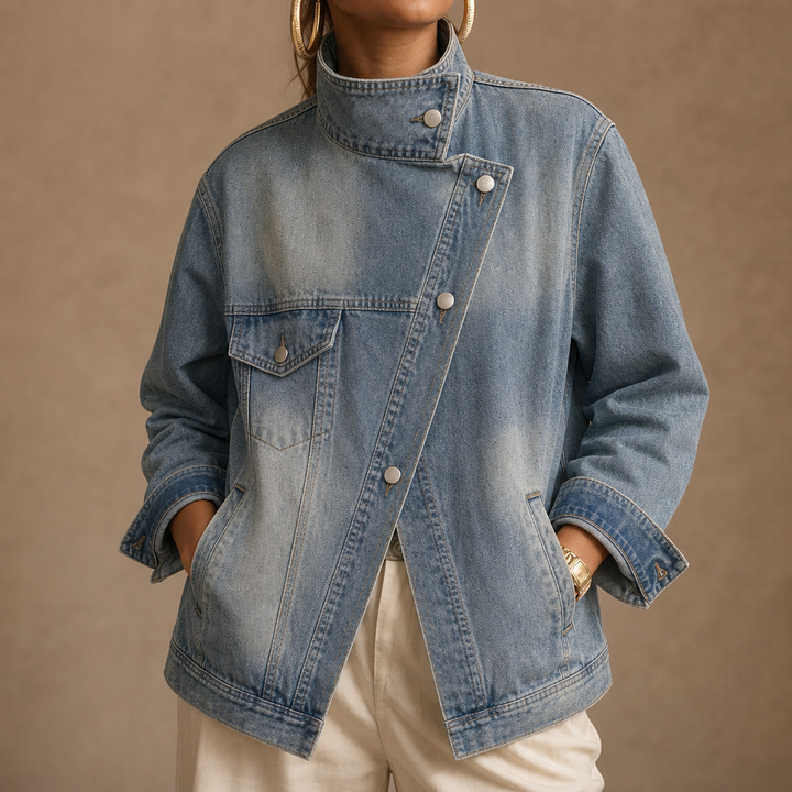 Asymmetrisk vardagsjacka för dam i mjuk denim med ledig passform