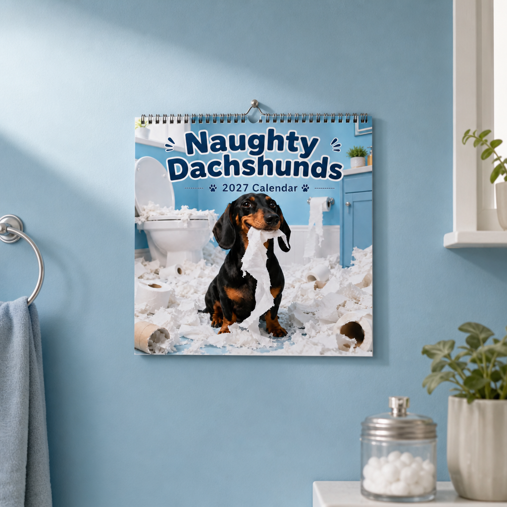Rolig väggkalender med tax som sitter bland toalettpapper i badrummet