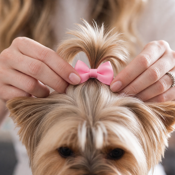 Händer som sätter fast en rosa hårrosett i pälsen på en hund