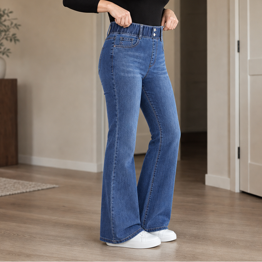 Kvinna i profil som bär ljusblå utsvängda jeans med hög midja