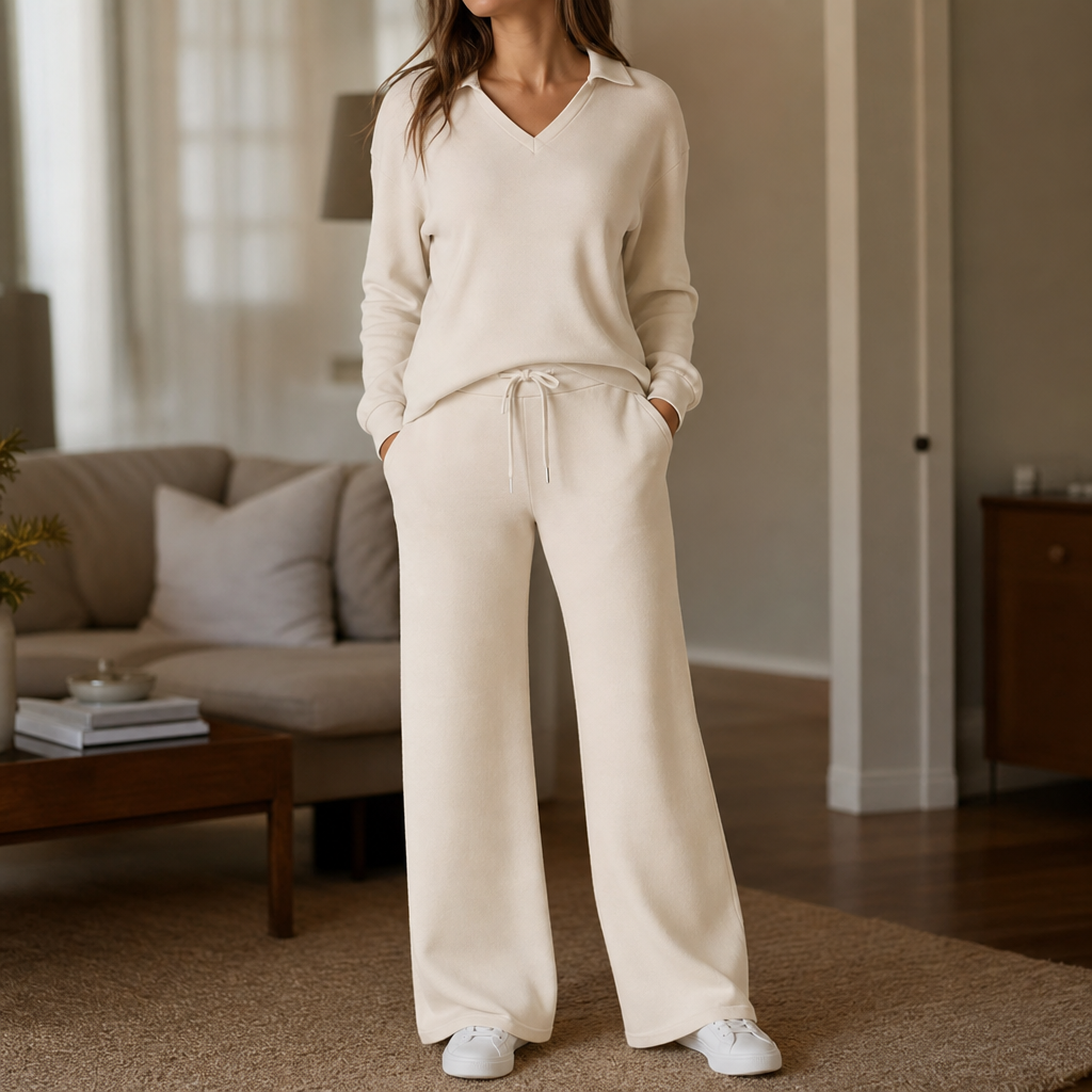 Kvinna i beige lounge set med polokrage och vida ben som står i ett vardagsrum