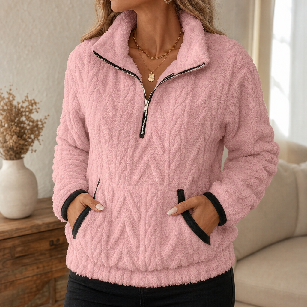 Kvinna i rosa pullover med halvdragkedja och fickor framtill