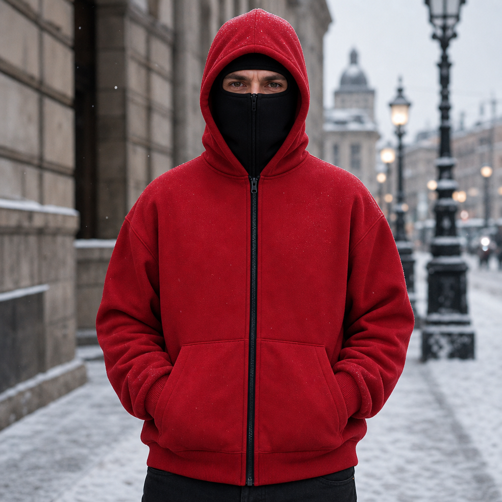 Röd huvtröja med uppdragen balaclava-luva utomhus i vinterväder